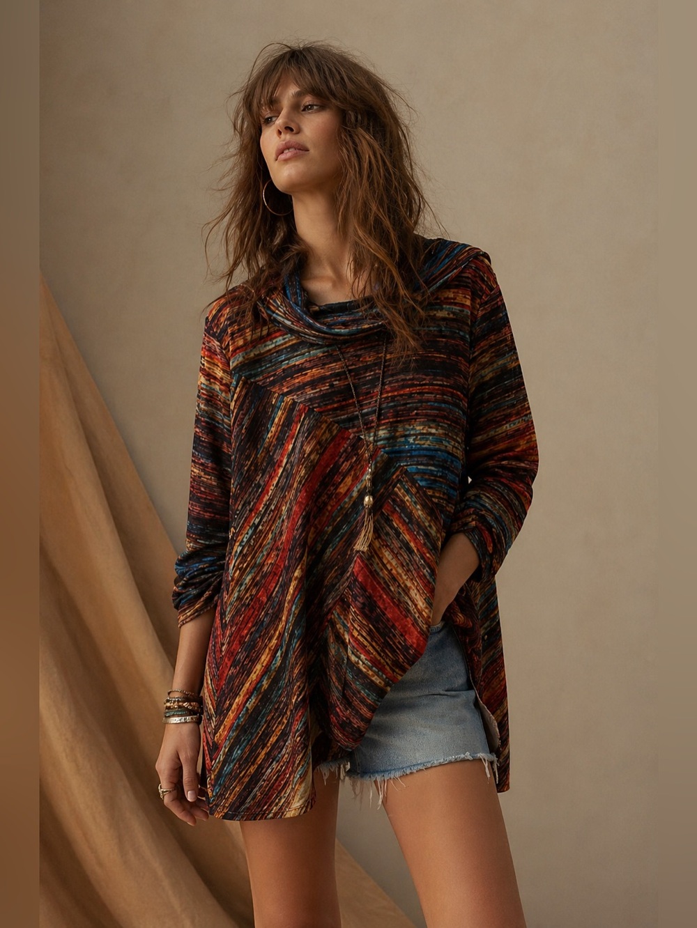 CARTISE Cowl Neck Tunic Multicolor Abstract Stripe Long Sleeve Stretch Blouse